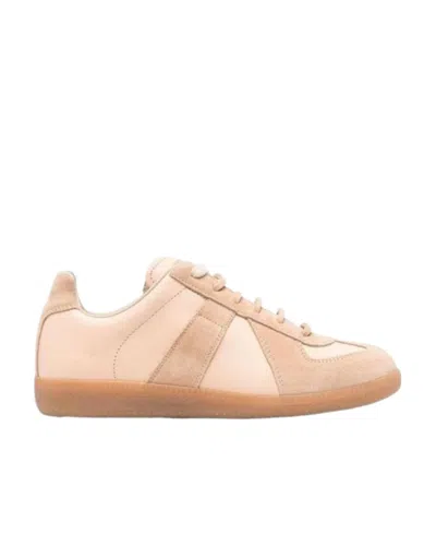 Maison Margiela 'replica' Pink Low Top Sneakers With Suede Details And Logo On The Tongue In Leather Woman In Beige