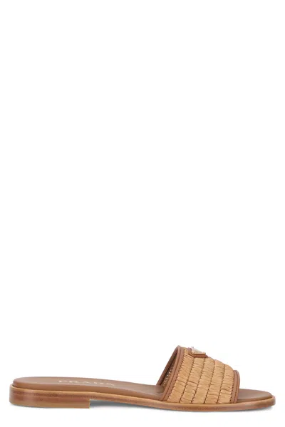 Prada Triangle Logo Raffia Flat Slide Sandals In Multi