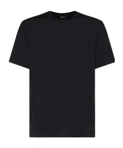 Zegna Navy Blue Piquet Cotton T-shirt In Black