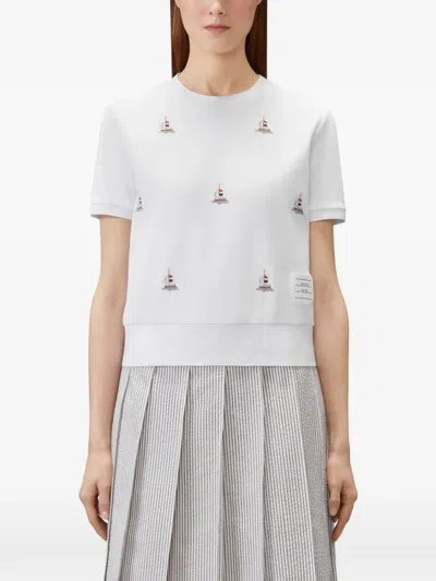 Thom Browne Short Sleeve Sailboat Embroidered Tee In White