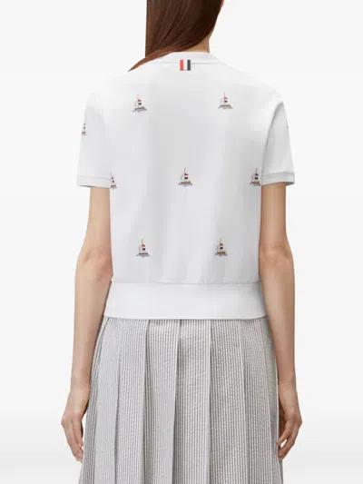 Thom Browne Short Sleeve Sailboat Embroidered Tee In White