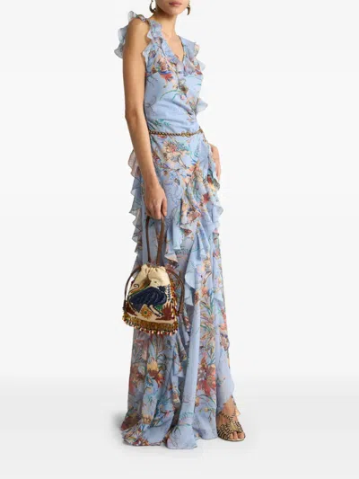 Etro Ruffled Tiered Paisley And Floral-print Satin Maxi Dress In Blue