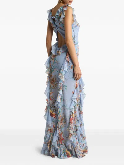 Etro Ruffled Tiered Paisley And Floral-print Satin Maxi Dress In Blue