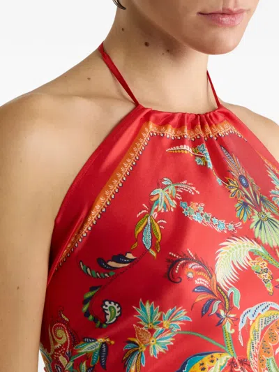 Etro Silk Top With Halterneck And Paisley Foliage Motif In Red
