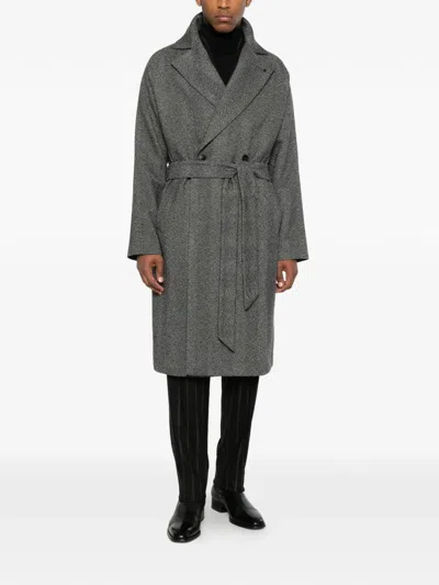 Tagliatore Herringbone-pattern Belted Coat In Black
