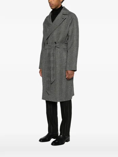 Tagliatore Herringbone-pattern Belted Coat In Black