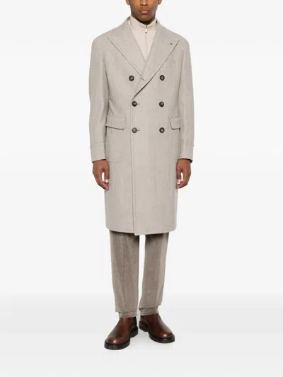 Tagliatore Double-breasted Herringbone-pattern Coat In Neutral