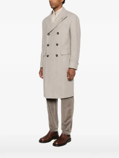 Tagliatore Double-breasted Herringbone-pattern Coat In Neutral