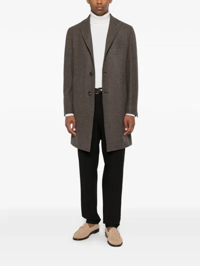 Tagliatore Herringbone-pattern Single-breasted Coat In Brown
