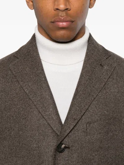Tagliatore Herringbone-pattern Single-breasted Coat In Brown