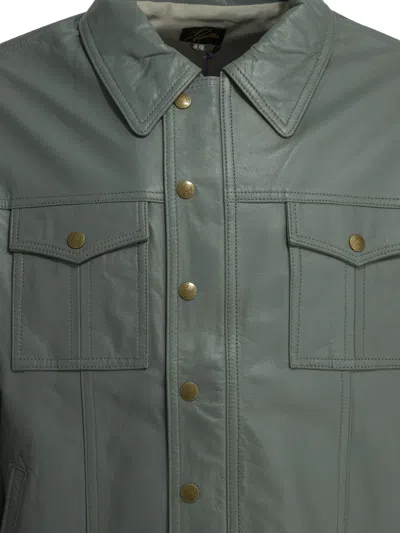 Needles Multi-pocket Leather Jacket In Green