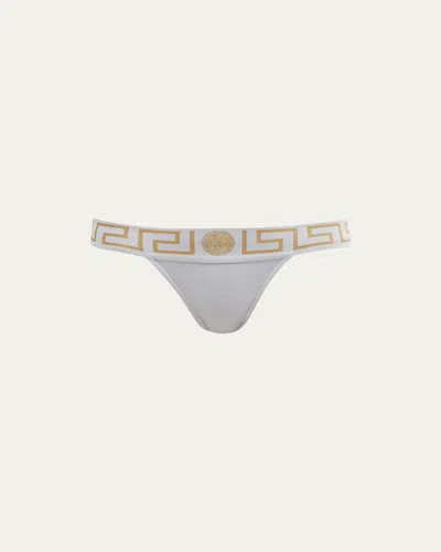 Versace Greca-border Stretch Cotton Thong In Brown