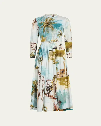 Oscar De La Renta Long-sleeve Landscape-print Cotton Poplin Midi Shirtdress With Belt In Multi