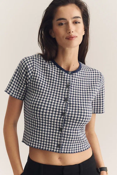 Good American Fine Knit Round Neck Short Sleeve Button Up Top In Blue