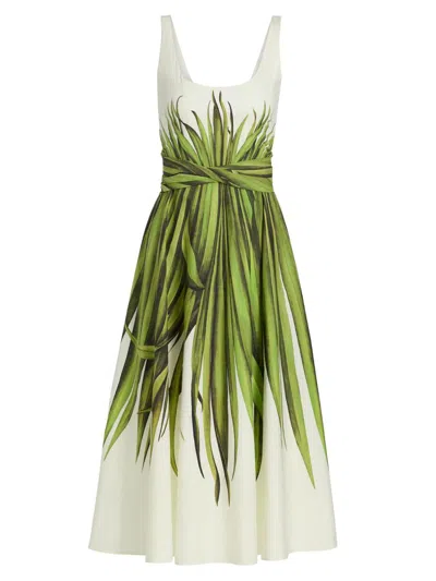 Oscar De La Renta Palm Leaves Print Cotton Stretch Poplin Midi Dress In White
