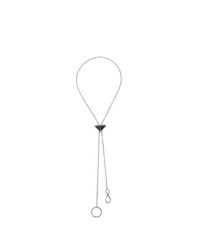 Prada Triangle Logo Keychain Necklace In Silver
