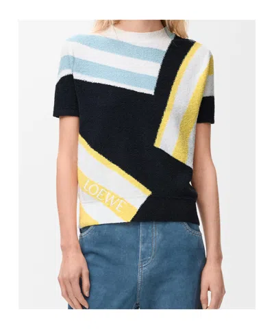 Loewe Striped Fuzzy Knit Short-sleeve Sweater In Multi