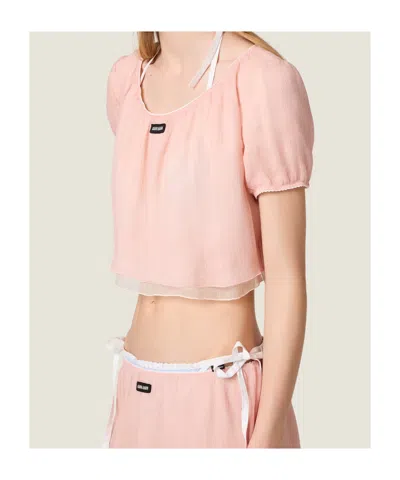Miu Miu Layered Crinkle Silk Crop Top In Animal Print