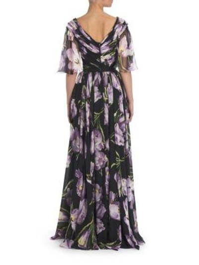 Shop Dolce & Gabbana Flounce-sleeve Floral Silk Chiffon Gown In Black Print
