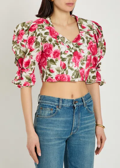 Chloé Floral Cotton Puff-sleeve Button-front Crop Top In Pink