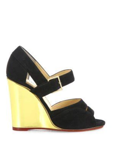 Shop Charlotte Olympia Marcella Suede & Metallic Wedge Sandals In Black-gold