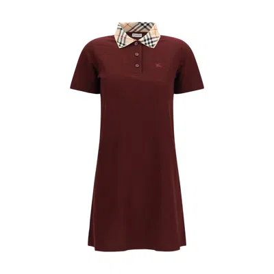 Burberry Dress Checked Collar Short Sleeves Design In Burgundy