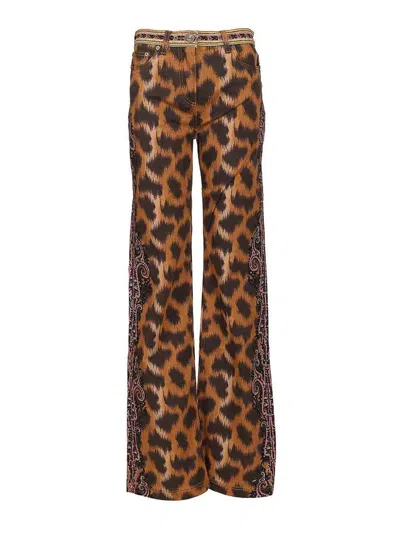 Etro Bootcut Jeans In Bull Denim With Animal Motif In Neutral