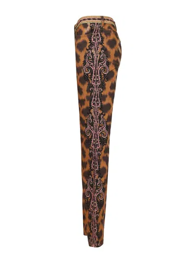 Etro Bootcut Jeans In Bull Denim With Animal Motif In Neutral