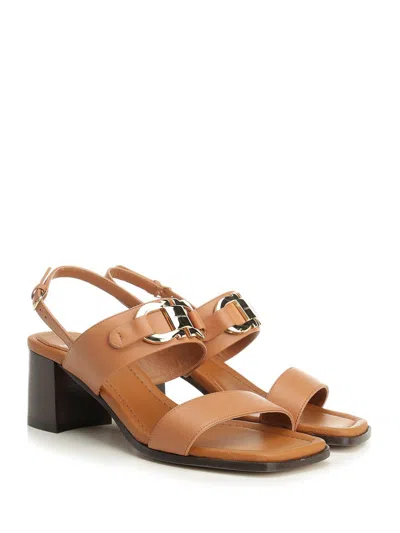 Ferragamo Gancini Logo Calfskin Slingback Sandals With A Block Heel In Multi