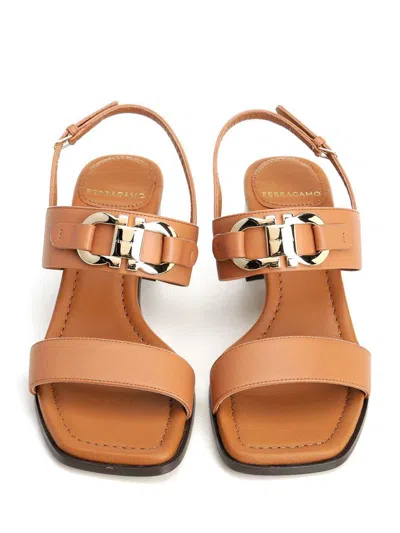 Ferragamo Gancini Logo Calfskin Slingback Sandals With A Block Heel In Multi