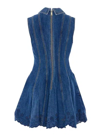 Self-portrait Paneled Broderie Anglaise Denim Mini Dress In Blue