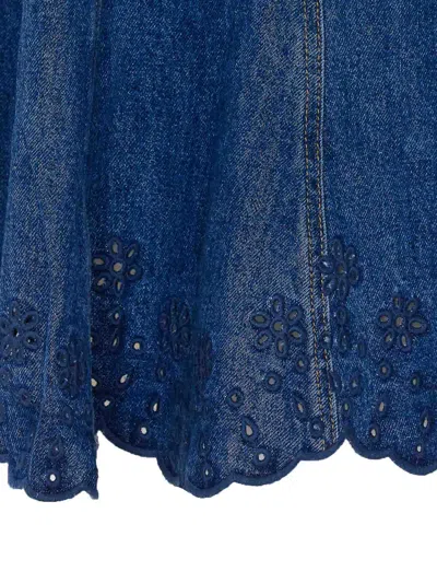 Self-portrait Paneled Broderie Anglaise Denim Mini Dress In Blue