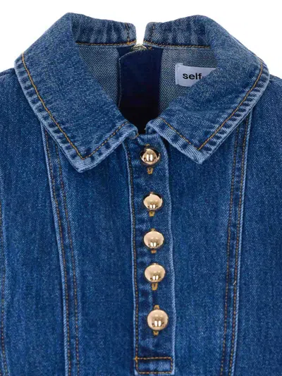 Self-portrait Paneled Broderie Anglaise Denim Mini Dress In Blue