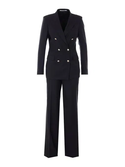 Tagliatore Linen Double Breasted Suit Gold Buttons In Black