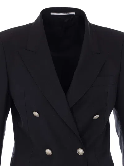 Tagliatore Linen Double Breasted Suit Gold Buttons In Black