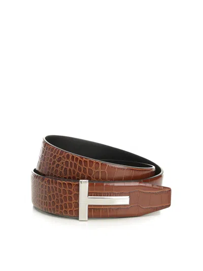 Tom Ford Shiny Printed Croc Reversible T Belt 40 Mm Belts Brown In Brown