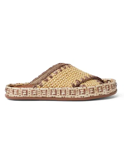 Fendi Beige Raffia-effect Material Slides In Brown