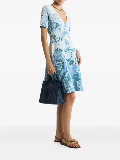 Etro Leafy Paisley Jacquard Short-sleeve A-line Dress In Blue