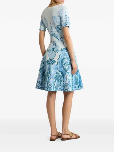 Etro Leafy Paisley Jacquard Short-sleeve A-line Dress In Blue