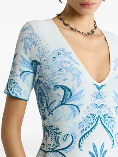 Etro Leafy Paisley Jacquard Short-sleeve A-line Dress In Blue
