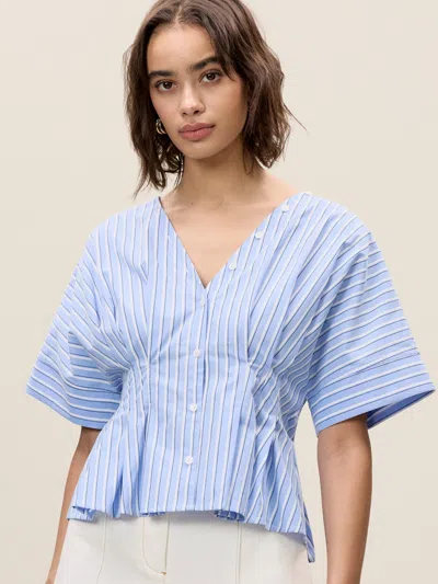 Rebecca Taylor Priya Poplin Top In Blue Stripe Combo