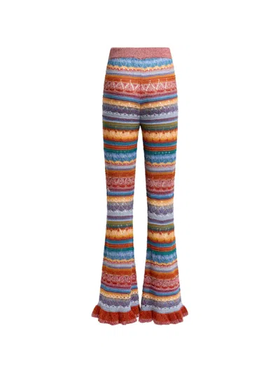 Etro Flared Knit Cotton Trousers With Stripes And Openwork In Multi