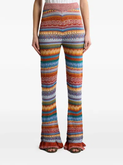 Etro Flared Knit Cotton Trousers With Stripes And Openwork In Multi