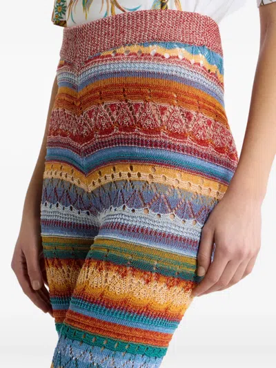 Etro Flared Knit Cotton Trousers With Stripes And Openwork In Multi