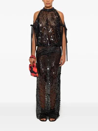 Pucci Cold-shoulder Sequined Sheer Gown In Black