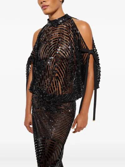 Pucci Cold-shoulder Sequined Sheer Gown In Black