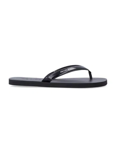 Prada Black Brushed Leather Flipflop Sandals In Black