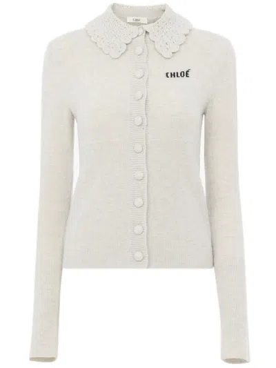 Chloé Wool Cardigan Logo Long Sleeves Scalloped Collar In Neutral