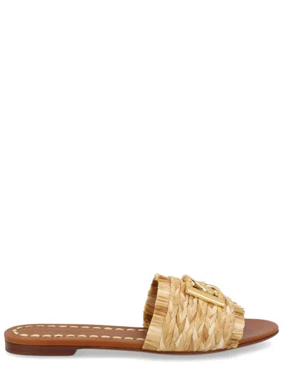 Dolce & Gabbana Women Beige Sandals With Fringed Details And Logo Plaque On The Front In Raffia Woma In Neutral