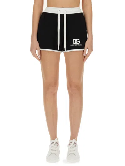 Dolce & Gabbana Shorts In Jersey Di Cotone Con Ricamo Logo Dg In Black